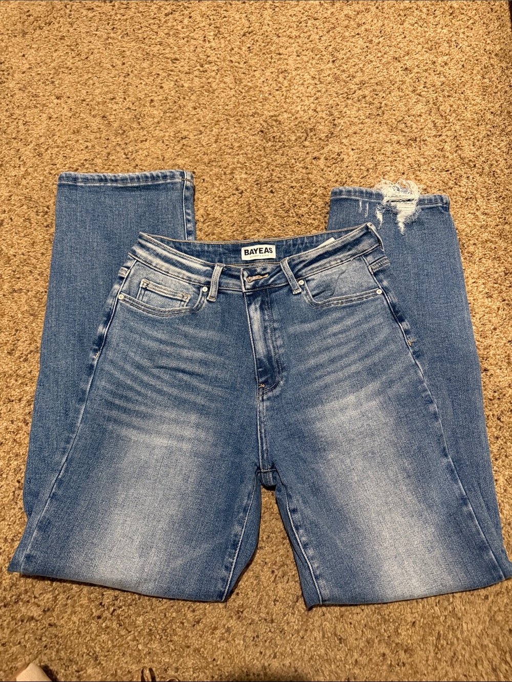 Bayeas High Rise Straight Denim Jeans with Distressed Hem